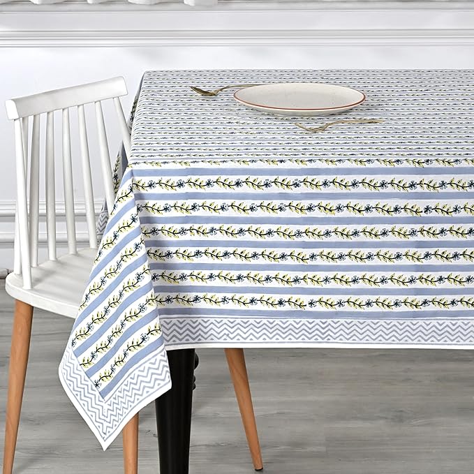 Ridhi Dolphin Gray Hand Block Print Cotton Rectangle Tablecloth 108" x 70" inches Reusable Table Cover Decorative Everyday Use for Dining, Farmhouse, Home, Party, Festive, Wedding, Fall