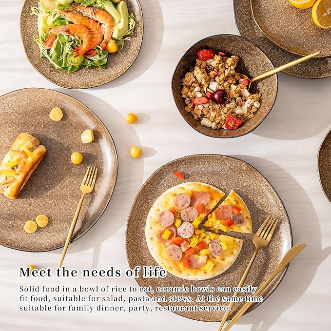 12PCS Stoneware Dinnerware Sets, Plates and Bowls Dish Set for 4, Irregular Vintage Handmade Dinner Ware Dishware for Kitchen Dinning, Microwave & Dishwasher Safe, Brown