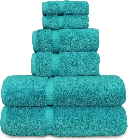 Luxury Hotel & Spa Quality, Quick Dry 100% Turkish Cotton, 700 GSM, Eco Friendly Towel, Bathroom and Kitchen Dobby Border Towels, 2-Bath Towel, 2-Hand Towel, 2-Washcloth (Bundle Set of 6, Aqua Blue)