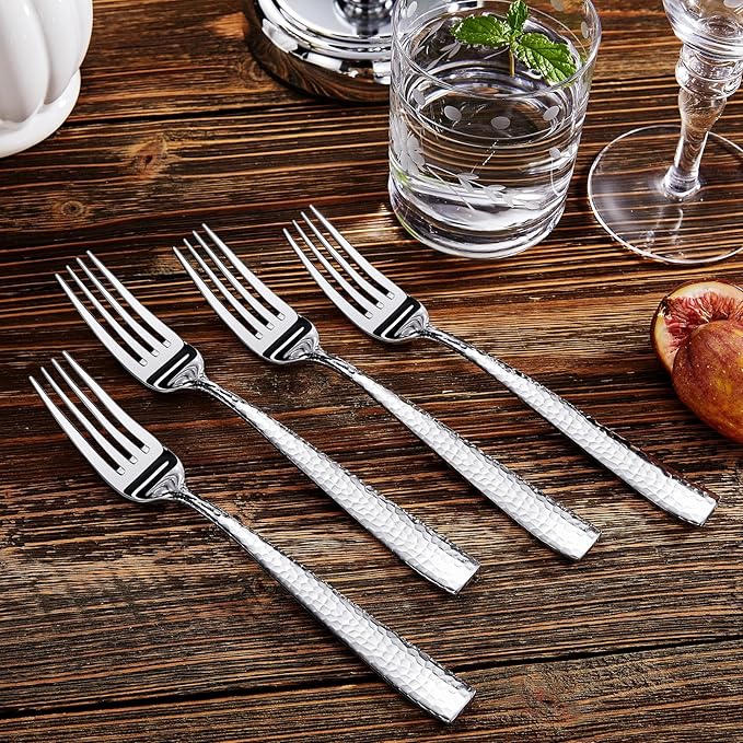 KEAWELL Premium 4-Piece 8.3" Louis Hammered Dinner Fork Set, 18/10 Stainless Steel, Squared Edge with Smooth Rounded Edges for Comfort, Dishwasher Safe (4, 8.3" Dinner Fork)