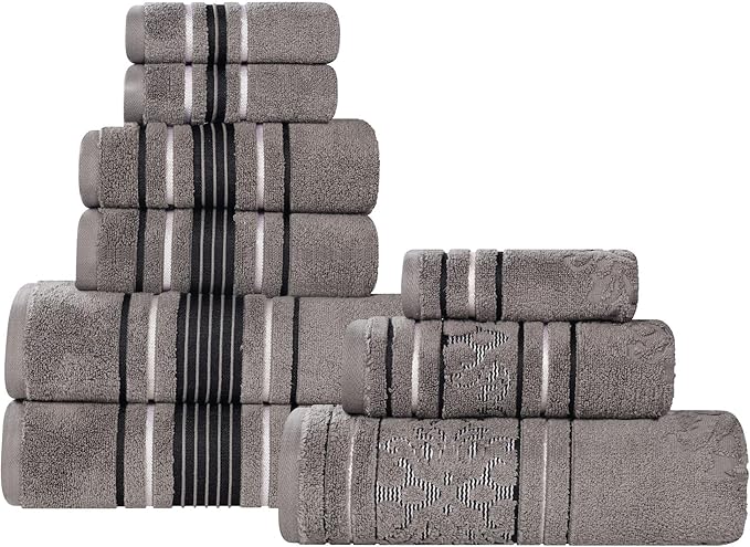 Superior Cotton 9 Piece Assorted Floral Towel Set, Includes 3 Bath, 3 Hand, 3 Washcloth/Face Towels, Quick Dry, Home Essentials, Shower, Spa, Luxury Plush Soft Absorbent Towels, Zero Twist, Charcoal