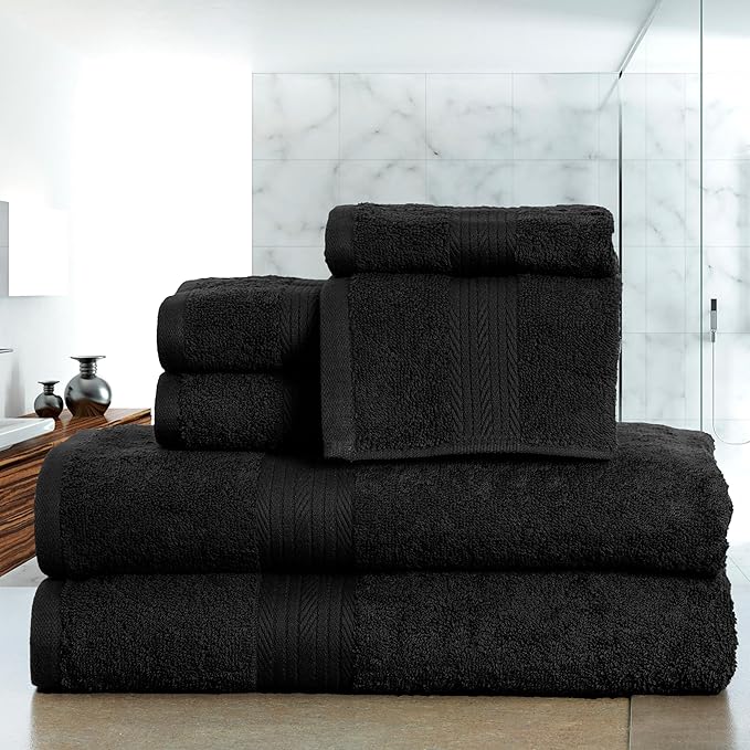 Ample Decor 100% Cotton Luxury 6 Piece Towels Set, 2 Bath Towels, 2 Hand Towels, 2 Wash Cloths for Bathroom - Black Towel Sets