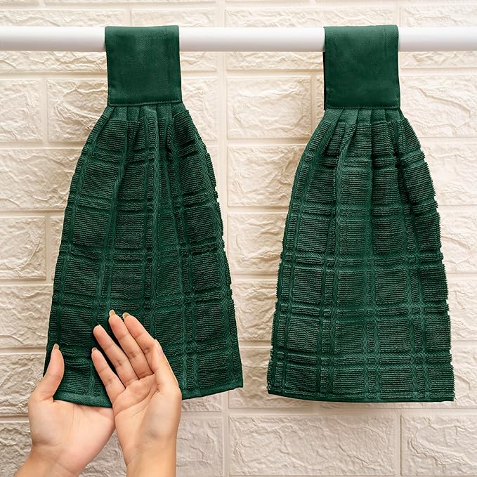 Blue Needles Hanging Kitchen Towels - Forest Green 100% Cotton Solid Kitchen Tie Towel, Set of 2 Hand Dish Cloth with Hanging Loops 9 x 17 Inches, Absorbent, Super Soft, and Fast Drying Home Essential