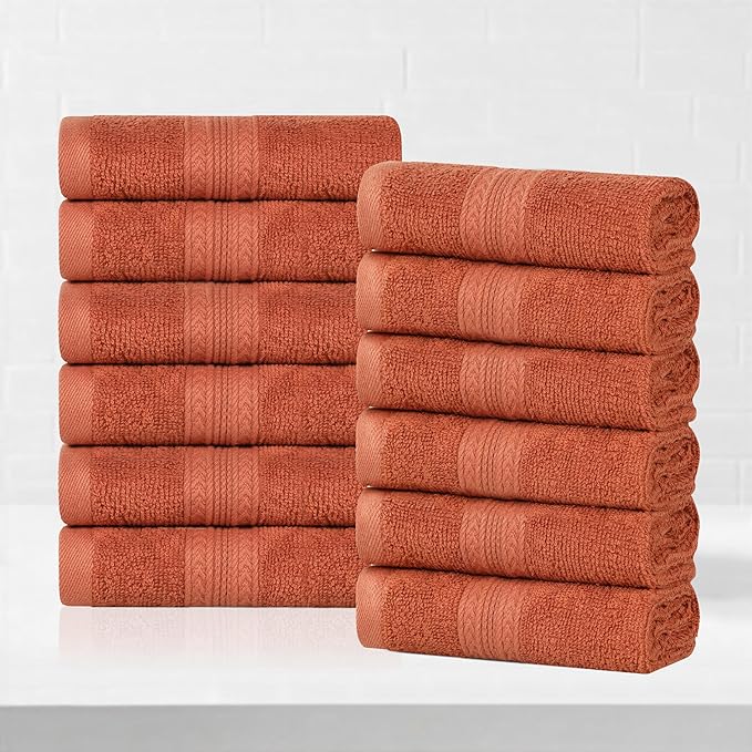 Superior Eco-Friendly Cotton 12-Piece Face Towel/Washcloth Set, Small, Fast Drying Towels for Face, Spa, Resort, Hotel, Hand, Shower, Guest Bathroom, Home, Airbnb, Apartment Essentials, Copper