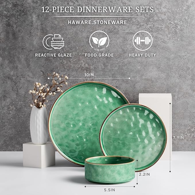 HaWare Dinnerware Sets, 12-Piece Plates and Bowls Set, Stoneware Dish Set for 4, Ceramic Dinnerware for Home Restaurant, Chip and Scratch Resistant, Microwave and Dishwasher Safe, Reactive Green