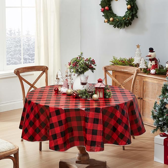 Newbridge Holiday Buffalo Plaid Vinyl Christmas Tablecloth with Flannel Backing, Red & Black Rustic Cottage Check, Wipe Clean, 60 x 84 Inch Oval
