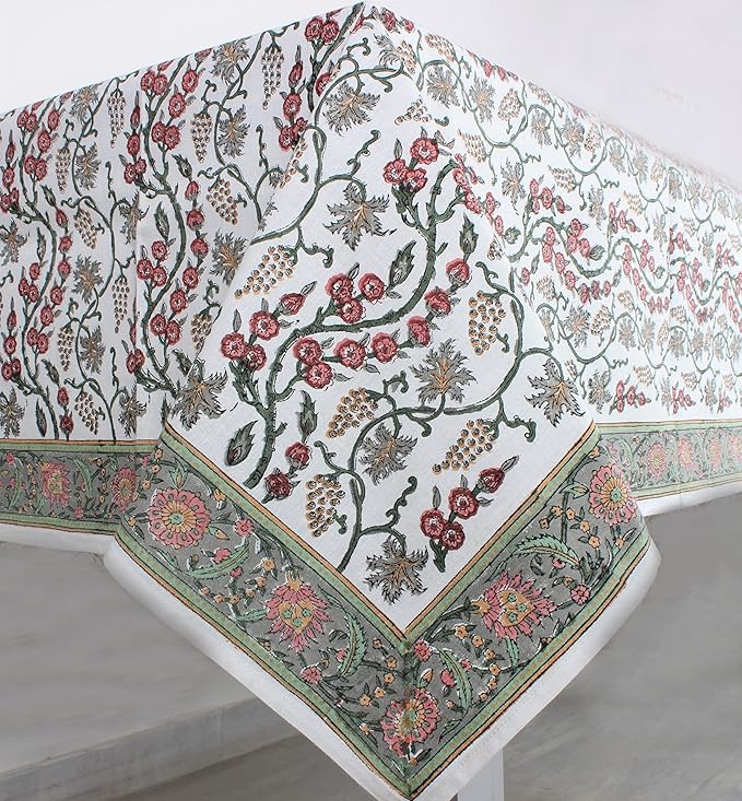Ridhi Coral Pink Hand Block Print Cotton Rectangle Tablecloth 108" x 70" inches Reusable Table Cover Decorative Everyday Use for Dining, Farmhouse, Home, Party, Festive, Wedding, Fall