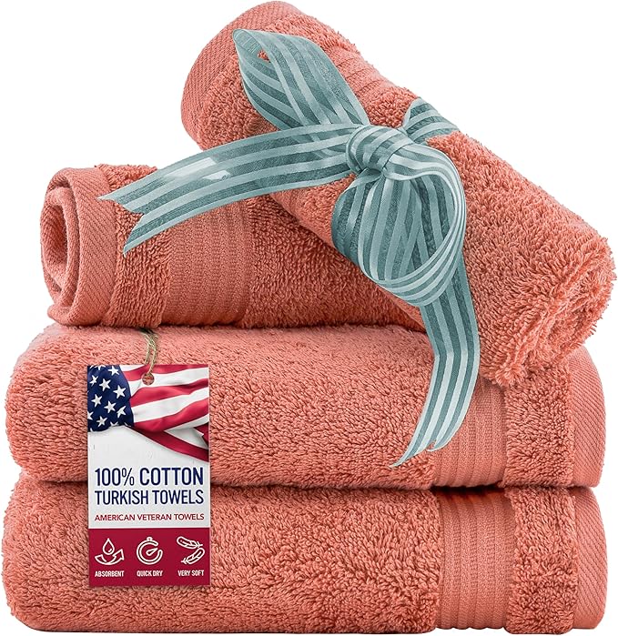 American Veteran Towel, 100% Cotton Turkish Washcloths for Bathroom Essentials 4 Pack, Soft Absorbent Wash Cloths Quick Drying Small Towels Washrags, Coral