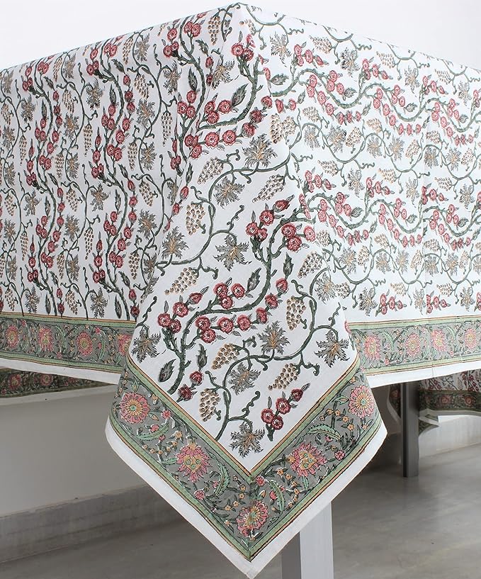 Ridhi Coral Pink Hand Block Print Cotton Rectangle Tablecloth 90" x 60" inches Reusable Table Cover Decorative Everyday Use for Dining, Farmhouse, Home, Party, Festive, Wedding, Fall