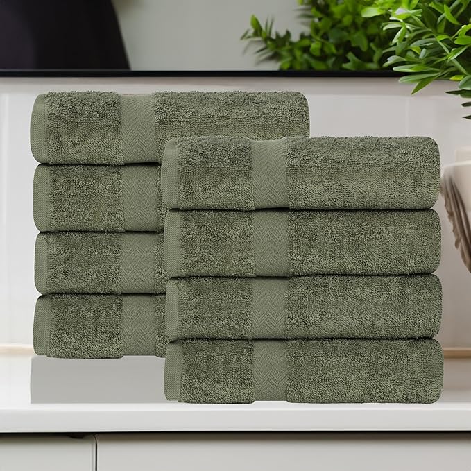 Superior 8-Piece Cotton Hand Towel Set, Small Towels for Fast Dry, Home Essentials, Bathroom Decor, Face, Body, Spa, Resort, Gym, Lightweight, Soft, House Accessories, Franklin Collection, Green