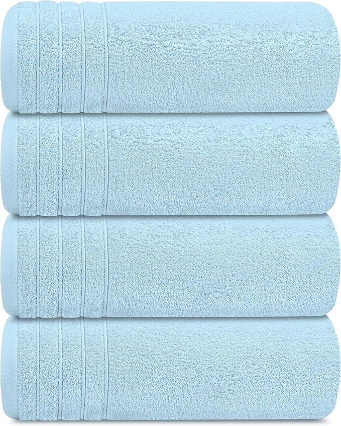 Tens Towels Pack of 4 Extra Large Bath Towels 30 x 60 Inches, 100% Cotton, Larger & Lighter Weight, Quicker to Dry, Super Soft and Absorbent, Perfect for Bathroom, Sky Blue