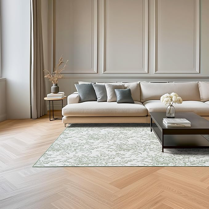 Laura Ashley Sage Ivory Bedford Floral Machine Washable & Slip Resistant 5' x 7' Area Rug