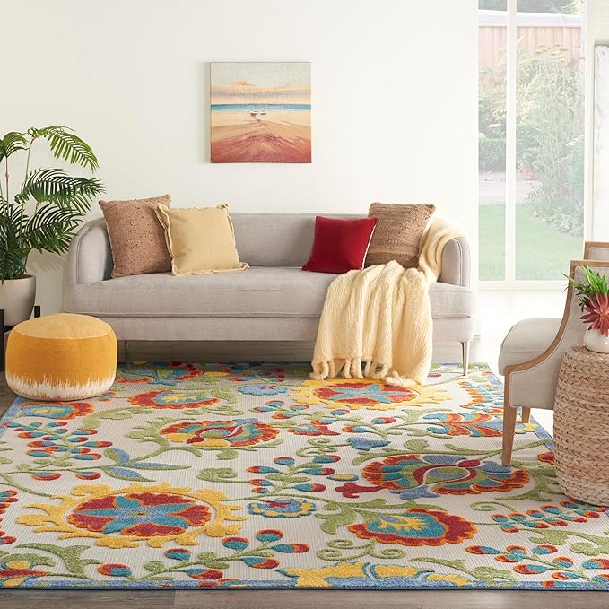 Nourison Home Aloha Ivory Multicolor 9' x 12' Area Rug - Easy Clean, Non Shedding, Bed Room, Living Room, Dining Room, Kitchen (9' x 12')