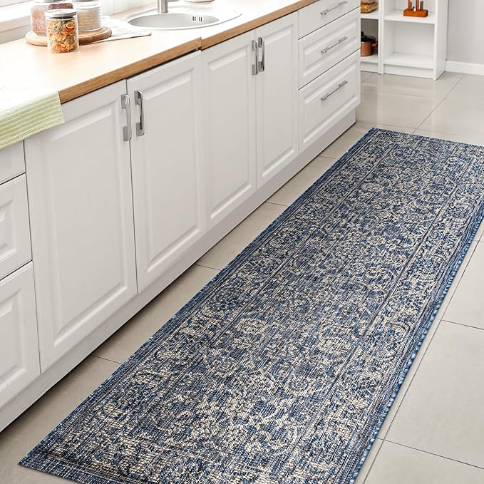 JONATHAN Y Weave Floral Indoor Outdoor Runner Rug 2X8 Navy/Gray, Tela Bohemian Textured for Backyard, Patio, Porch, Easy-Cleaning, High Traffic, Pet-Friendly, Non-Shedding (SMB100B-28)
