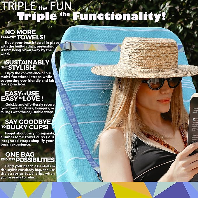 Madamelique Beach Towel with Beach Bag - 39 x 74 - Prewashed Beach Towels Oversized -%100Cotton - Quick Dry - Sand Free - Hand Loomed Turkish Bath Towels - Unique Turkish Towel (Turquoise)