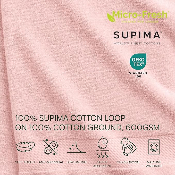 Lacoste Heritage Supima Cotton 6-Piece Towel Set, 2 Bath Towels, 2 Hand Towels, 2 Washcloths, Light Pink – Highly Absorbent & Quick Drying, Bathroom Essential, Machine Washable