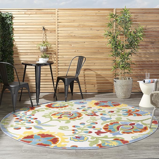 Nourison Aloha Indoor/Outdoor Ivory/Multi 7’10” x Round Area Rug, Easy Cleaning, Non Shedding, Bed Room, Living Room, Dining Room, Backyard, Deck, Patio (8 Round)