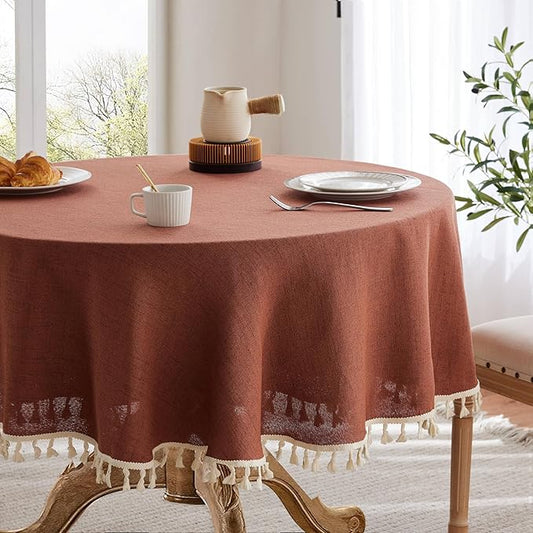 Linen Tablecloth with Tassels, Farmhouse Style Terracota Tablecloth, Water Resistant Burlap Tablecloths for Round Table, 60 Inch Round Terracota