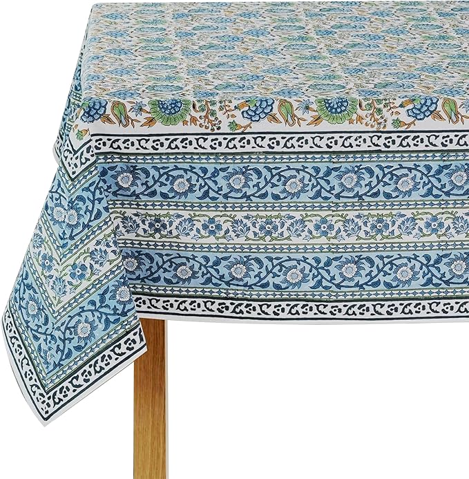 Ridhi Asparagus Green Hand Block Print Cotton Rectangle Tablecloth 102" x 48" inches Reusable Table Cover Decorative Everyday Use for Dining, Farmhouse, Home, Party, Festive, Wedding, Fall