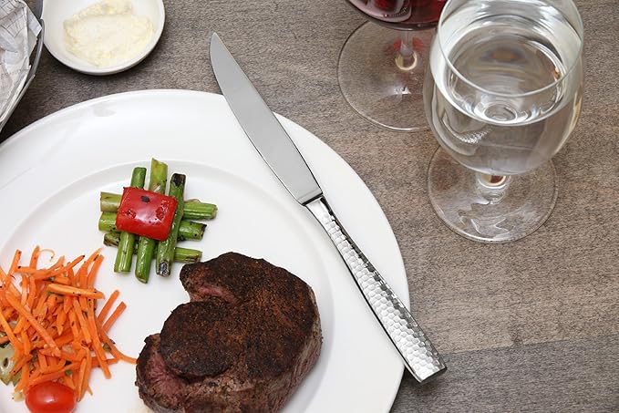 Fortessa Lucca Faceted 18/10 Stainless Steel Flatware Solid Handle Steak Knife, Set of 12, Mirror Polished