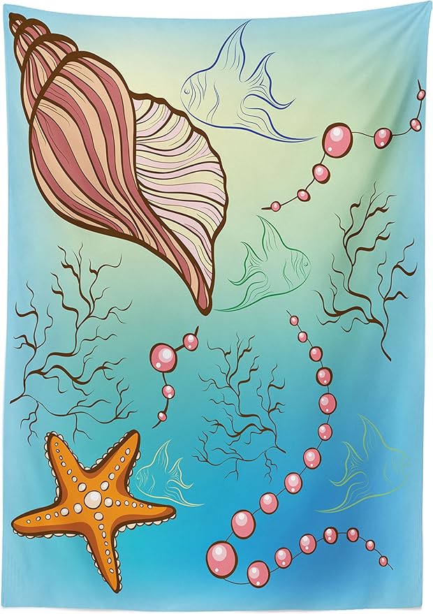Ambesonne Pearls Tablecloth, Under The Sea Theme with Pearls Shell Starfish Fishes Nautical Marine Life Image, Rectangular Table Cover for Dining Room Kitchen Decor, 60" X 90", Pink Blue