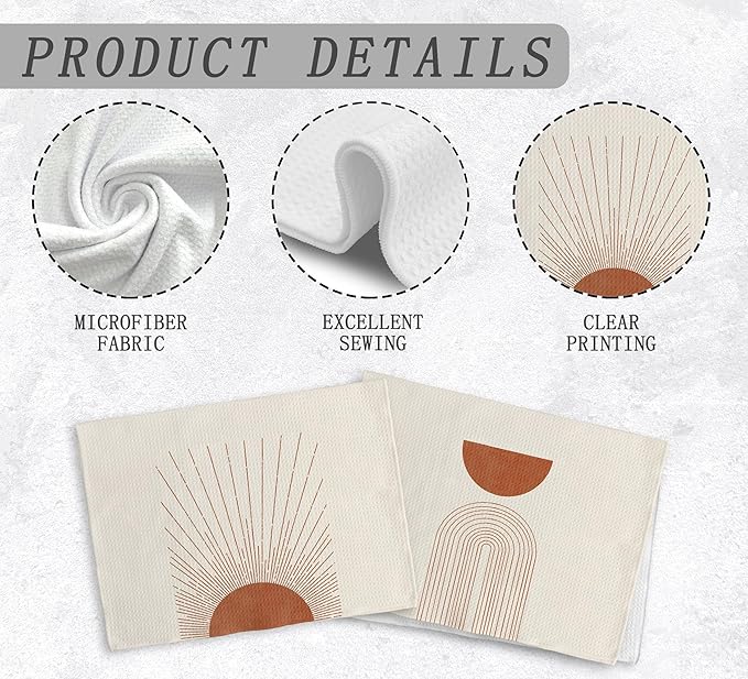 Bohemian Orange Fall Abstract Sunrise Kitchen Towels and Dishcloths Set of 2, Bohemian Sun Decorative Towels, Fall Moon Line Drying Cloth Hand Towels for Bathroom Kitchen Decor, 16×24 Inches