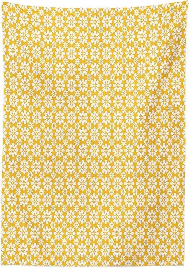 Ambesonne Floral Tablecloth, Monochrome Geometric Ornamental Flowers Vintage Daisies Nostalgic Pattern, Dining Room Kitchen Rectangular Table Cover, 60" X 84", Yellow White
