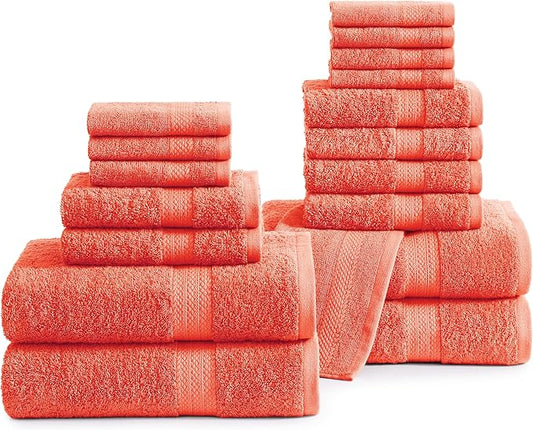 LANE LINEN 100% Ringspun Cotton Luxury Bath Towel Set, 18 PCs - 4 Bath Towels, 8 Washcloths, 6 Hand Towels - Sustainably Produced & Eco Friendly, Quick Drying & Ultra Absorbent - Living Coral