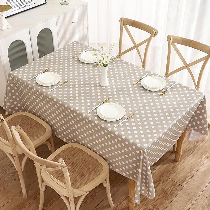 Heavy Duty Vinyl Tablecloth with Flannel Backing Waterproof Oil-Proof Plastic Table Cloth Stain-Resistant Wipeable Rectangle or Square Table Cover for Indoor and Outdoor (White Dots,54x54 Inch)