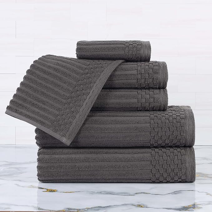 Cotton 6-Piece Solid and Ribbed Towel Set, Face Towels 13” x 13”, Hand Towels 16” x 28”, Bath Towels 27” x 54”, Charcoal by Superior