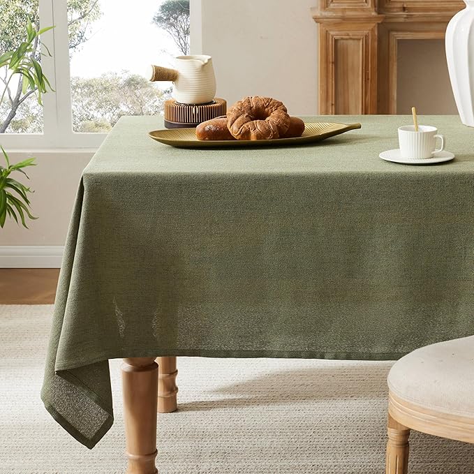 Linen Tablecloth for Rectangle Table, 60x84 Inch Olive, Farmhouse Style Green Tablecloth, Water Resistant Burlap Tablecloths for Dining Table Farmhouse Kitchen