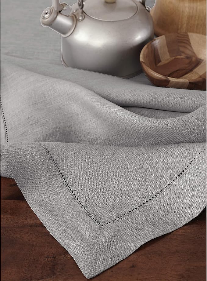 Solino Home Linen Soft Grey Tablecloth 60 x 132 Inch - Classic Hemstitch, 100% Pure Linen Rectangular Tablecloth - Machine Washable Table Cloth for Winter, New Year
