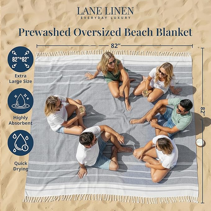 LANE LINEN Camping Blanket - Large Beach Towel, Beach Accessories with Oversized Comfort (82"x82"), Sandproof, Perfect for Seaside Adventures, Park Gatherings, or Family Beach Days – Navy Blazer