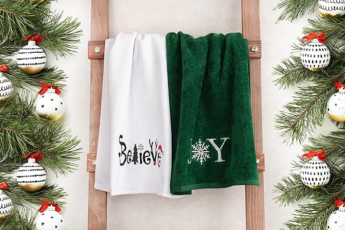 American Soft Linen Christmas Bath Towels Bathroom Set, 2 Packed Embroidered Decorative 100% Turkish Cotton Hand Bath Towels, Dish Towels for Decor Xmas, Joy-Believe