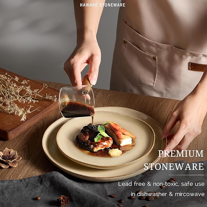 HaWare Dinnerware Sets, 24-Piece Stoneware Plates and Bowls Set, Dish Set for 8, Ceramic Dishware for Home Restaurant, Chip and Scratch Resistant, Microwave and Dishwasher Safe, Reactive Sandy Khaki