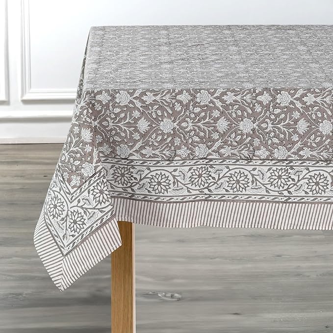 Ridhi Taupe Hand Block Print Cotton Rectangle Tablecloth 190" x 72" inches Reusable Table Cover Decorative Everyday Use for Dining, Farmhouse, Home, Party, Festive, Wedding, Fall