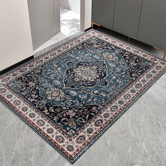 Easy-Going Area Rug 3x5 Entryway Rug Washable Inside Door Mats for Home Entrance Non-Slip Vintage Retro Small Rugs for Entry Living Room Bedroom Kitchen Bathroom Office Lightweight Carpet, Teal Brick