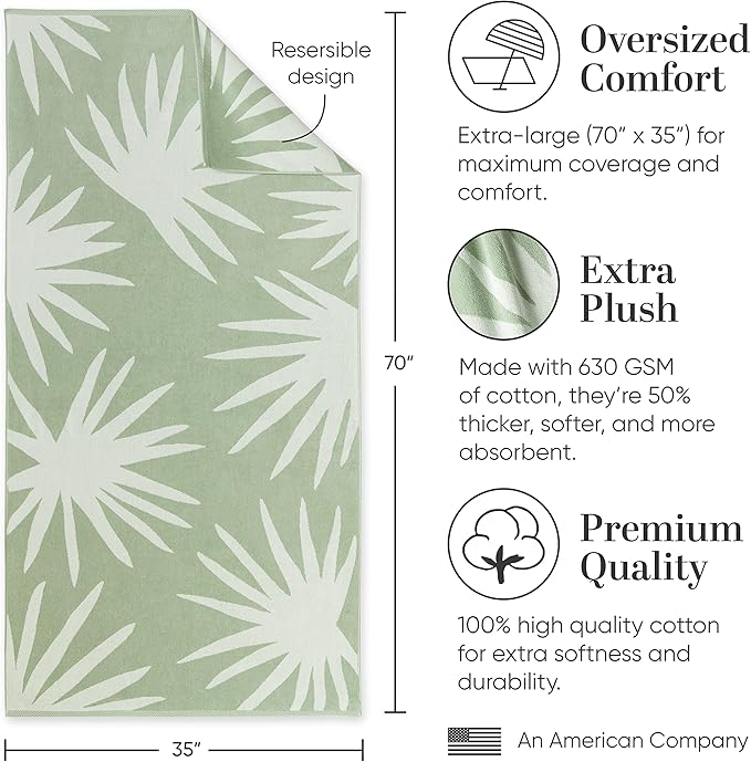 Laguna Beach Textile Co. Tropical Cabana Beach Towel - Oversized, Plush 630 GSM Cotton - Agave Green