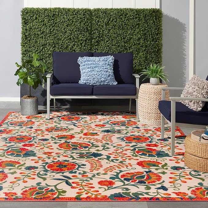 Nourison Home Aloha Red Multicolor 7'10" x 10'6" Area Rug - Easy Clean, Non Shedding, Bed Room, Living Room, Dining Room, Kitchen (8' x 11')