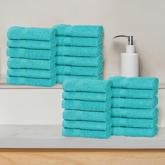 Superior 24-Piece Cotton Face Towel/Washcloth Set, Small Towels for Facial, Spa, Resort, Quick Wash, Gym, Resort, Bathroom Essentials, Master/Guest Bath Decor, Soft, Franklin Collection, Turquoise