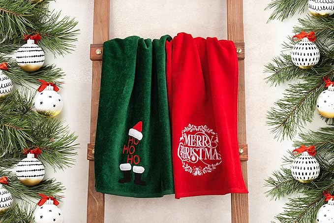 American Soft Linen Christmas Bath Towels Bathroom Set, 2 Packed Embroidered Decorative 100% Turkish Cotton Hand Bath Towels, Dish Towels for Decor Xmas, Merry-Hoho