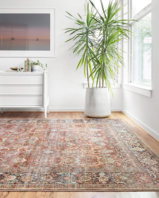 Loloi Layla Collection LAY-02 Spice/Marine 7'-6" x 9'-6" .13" Thick Area Rug, Soft, Durable, Vintage Inspired, Distressed, Low Pile, Non-Shedding, Easy Clean, Printed, Living Room Rug