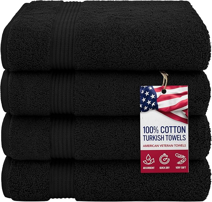American Veteran Towel, 100% Cotton Turkish Bath Towels for Bathroom 4 Pack, 27x54 Extra Large Premium Soft Drying Bathroom Towels, Black