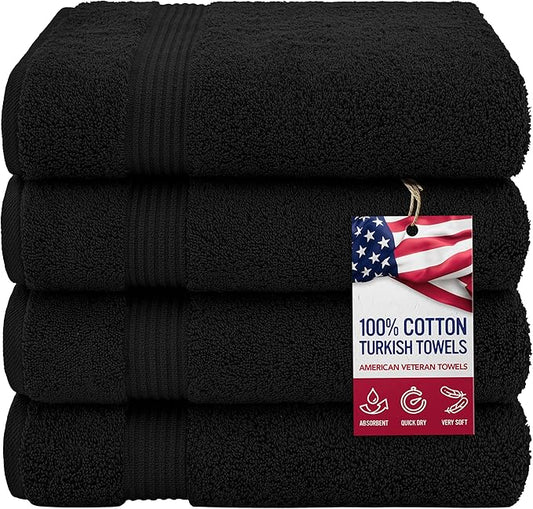 American Veteran Towel, 100% Cotton Turkish Bath Towels for Bathroom 4 Pack, 27x54 Extra Large Premium Soft Drying Bathroom Towels, Black