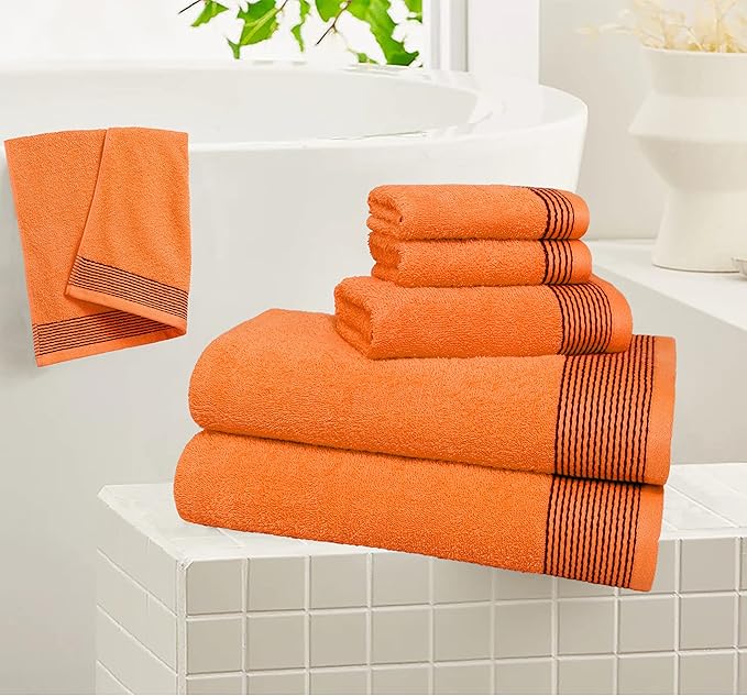 Belizzi Home 100% Cotton Ultra Soft 6 Pack Towel Set, Contains 2 Bath Towels 28x55 inchs, 2 Hand Towels 16x24 inchs & 2 Washcloths 12x12 inchs, Compact Lightweight & Highly Absorbant - Orange