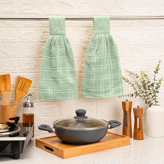 Blue Needles Hanging Kitchen Towels - Sage Green 100% Cotton Solid Kitchen Tie Towel, Set of 2 Hand Dish Cloth with Hanging Loops 9 x 17 Inches, Absorbent, Super Soft, and Fast Drying Home Essential