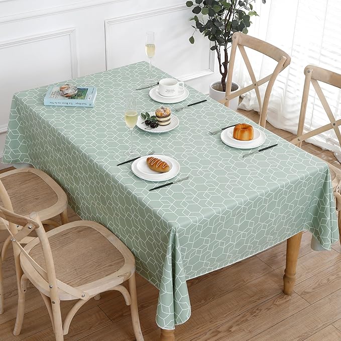 Heavy Duty Vinyl Tablecloth with Flannel Backing Waterproof Oil-Proof Plastic Table Cloth Stain-Resistant Wipeable Rectangle or Square Table Cover for Indoor and Outdoor (Green Grid,60x84 Inch)