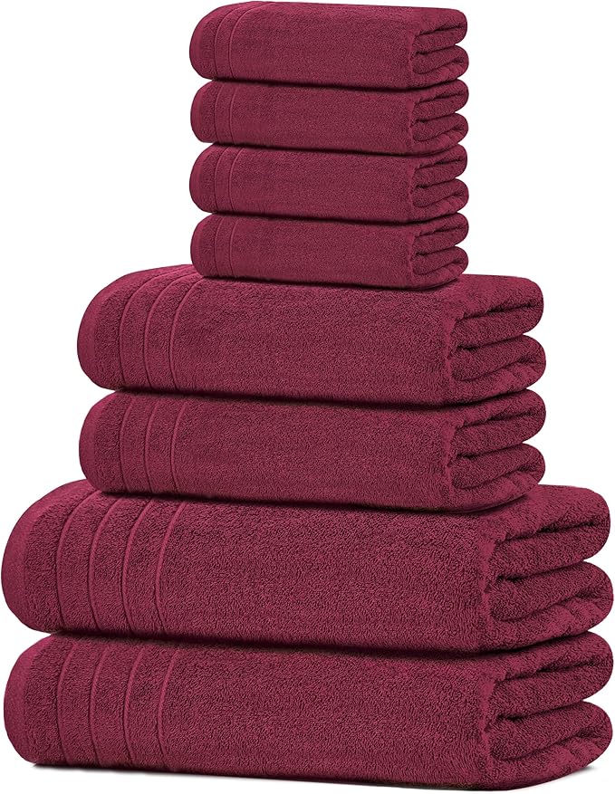 Tens Towels Pack of 8 Towels Set, 2 Extra Large Bath, 2 Hand, 4 Washcloths, 100% Cotton, Lighter Weight, Quicker to Dry, Super Absorbent, Perfect for Bathroom, Burgundy