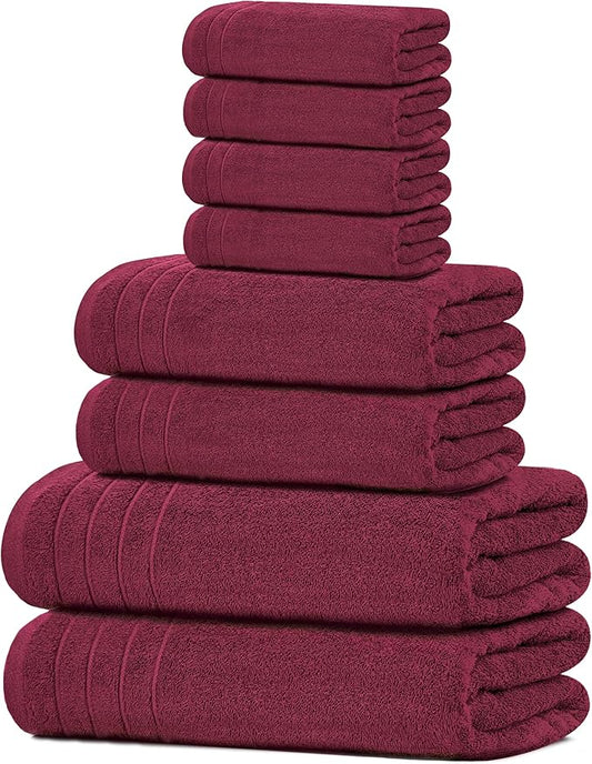 Tens Towels Pack of 8 Towels Set, 2 Extra Large Bath, 2 Hand, 4 Washcloths, 100% Cotton, Lighter Weight, Quicker to Dry, Super Absorbent, Perfect for Bathroom, Burgundy