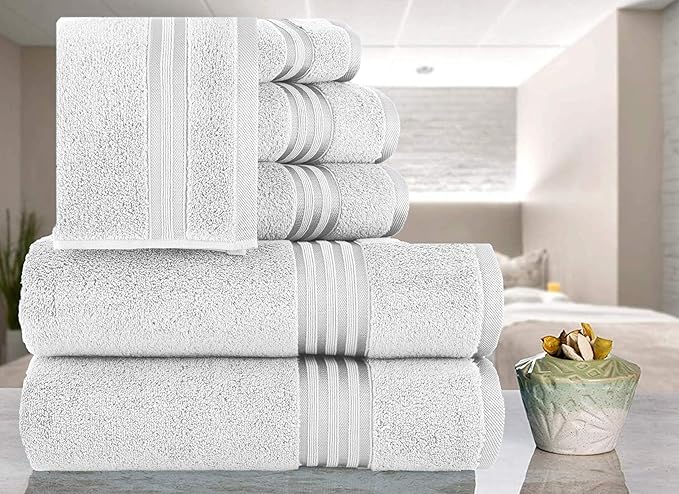CASA COPENHAGEN Zero Twist, 6 Pieces Set 100% Cotton 0" Twist Towel Set- White, 600 GSM, 2 Bath, 2 Hand, 2 Washcloths Made from Egyptian Cotton, Ultra Soft Luxury Towels for Bathroom.